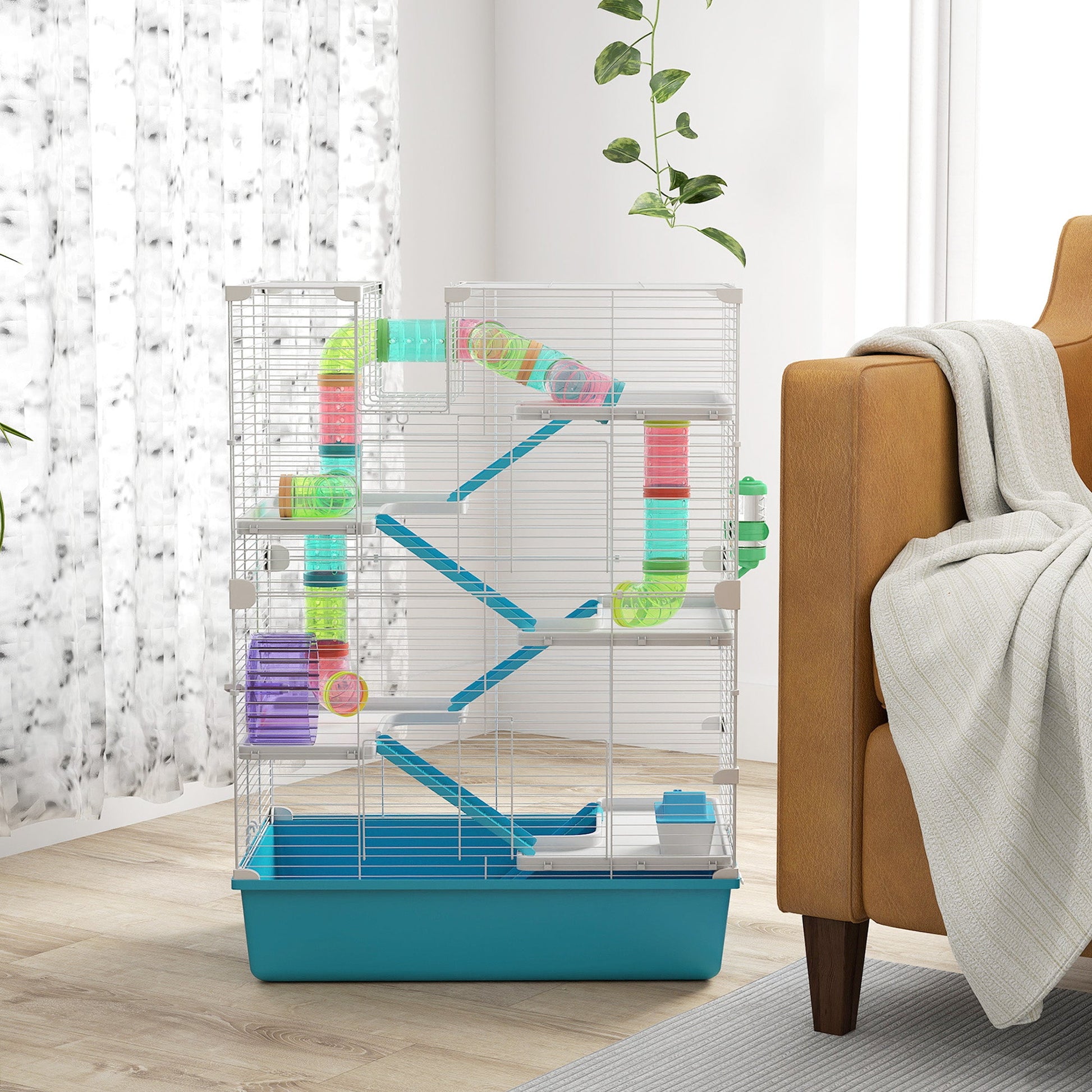 KFX-0392125 6-Tier Hamster Cage with Colorful Tubes, Ramps, Wheel, Hut, Food Dish & Water Bottle for Dwarf Hamsters and Gerbils - Light Blue