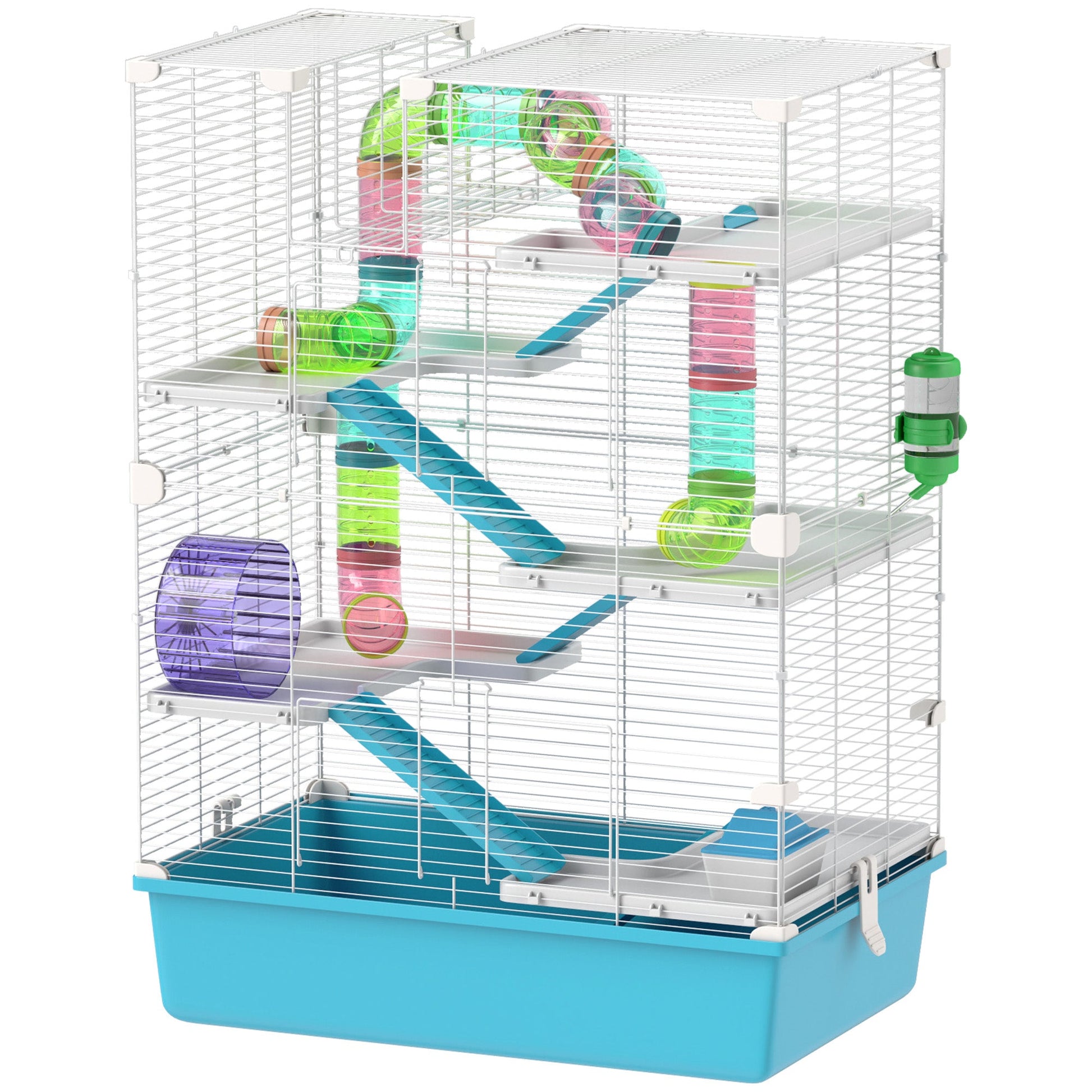 KFX-0392125 6-Tier Hamster Cage with Colorful Tubes, Ramps, Wheel, Hut, Food Dish & Water Bottle for Dwarf Hamsters and Gerbils - Light Blue