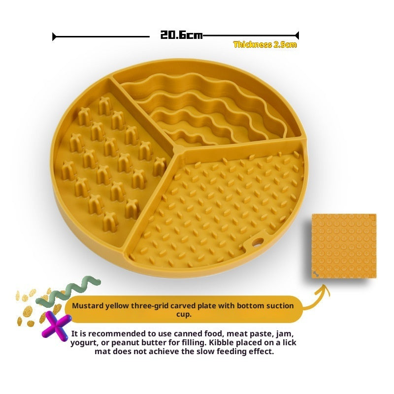 KFX-0394429 Three-Compartment Silicone Slow Feeder Bowl and Lick Mat, 21cm Diameter, Yellow and Coral Red