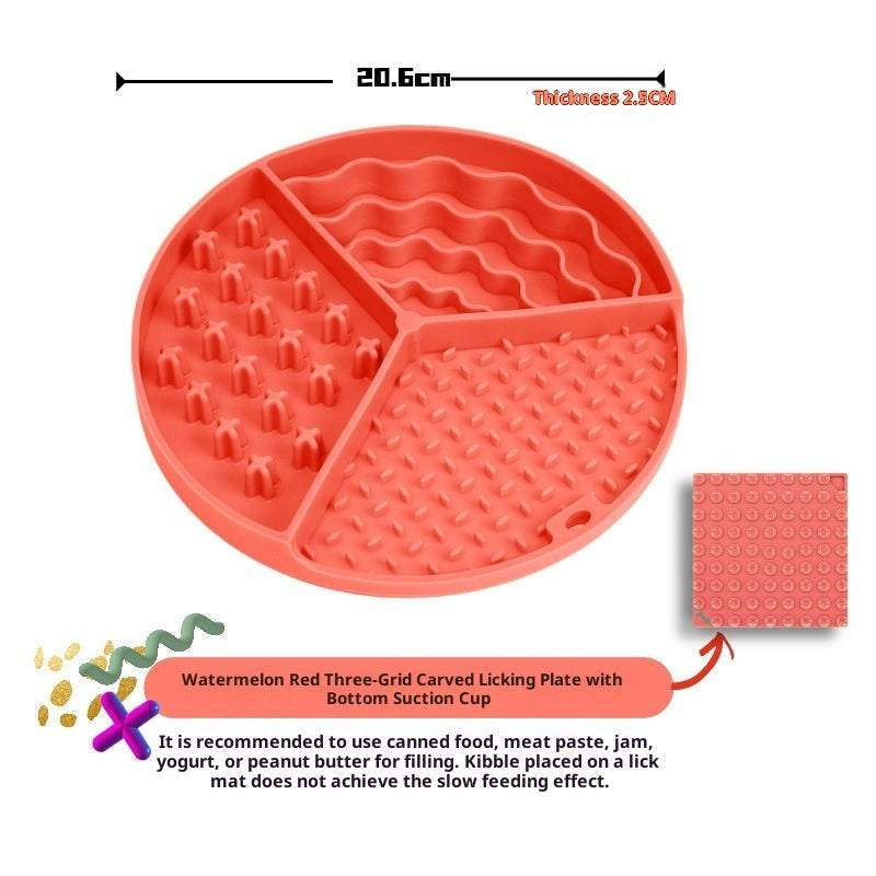 KFX-0394429 Three-Compartment Silicone Slow Feeder Bowl and Lick Mat, 21cm Diameter, Yellow and Coral Red