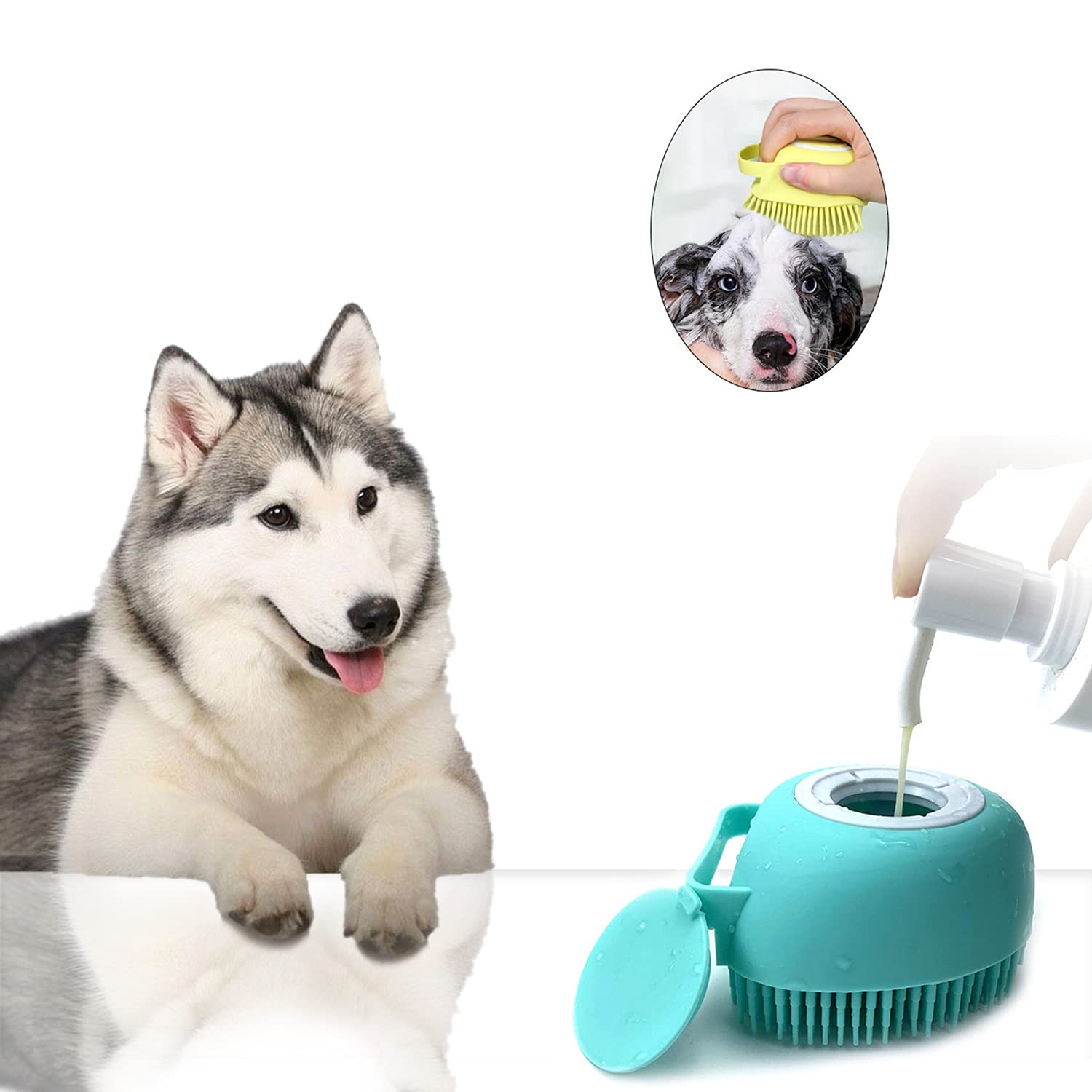 KFX-0395709 Pet Grooming Brush with Soap Dispenser - Gentle Silicone Bristles for Long and Short Hair Pets