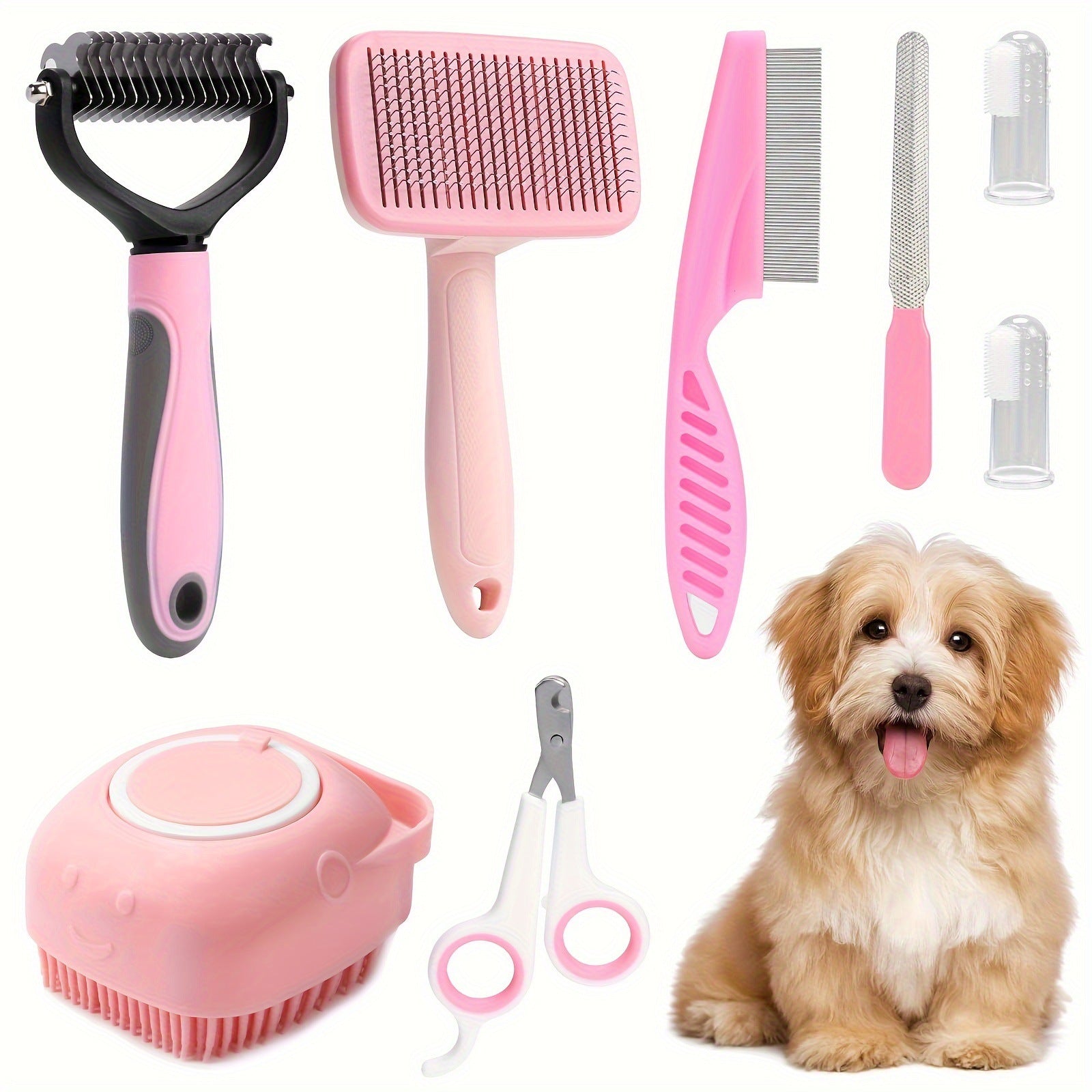 KFX-0399805 8-Piece Self-Cleaning Dog Grooming Tool Set in Pink and Blue