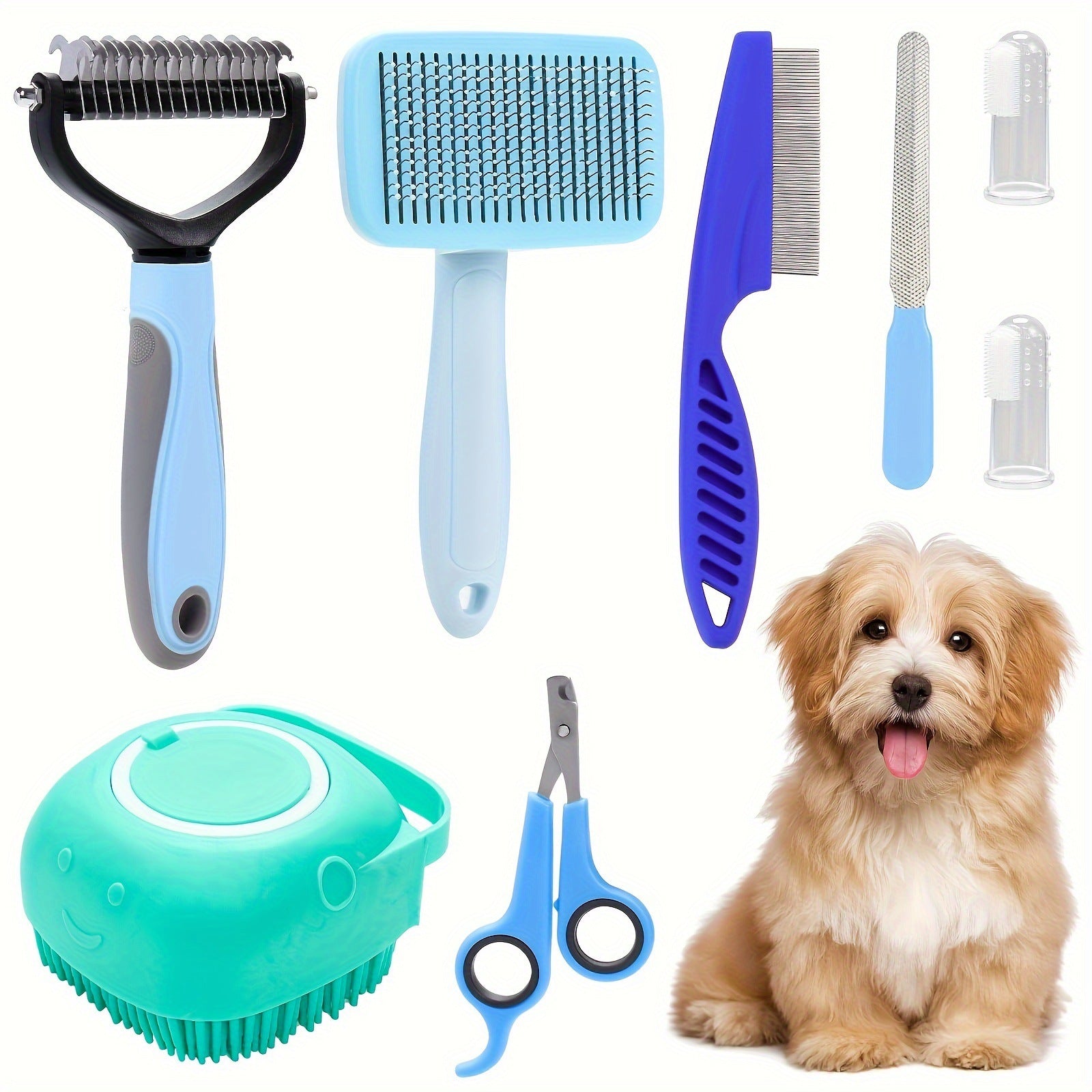 KFX-0399805 8-Piece Self-Cleaning Dog Grooming Tool Set in Pink and Blue