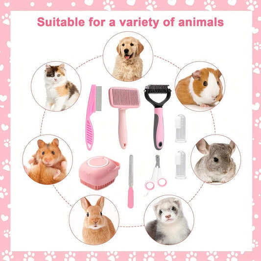 KFX-0399805 8-Piece Self-Cleaning Dog Grooming Tool Set in Pink and Blue