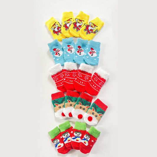 KFX-0400061 Festive Cartoon Pet Socks for Dogs - Santa Claus, Elk, and Snowman Designs