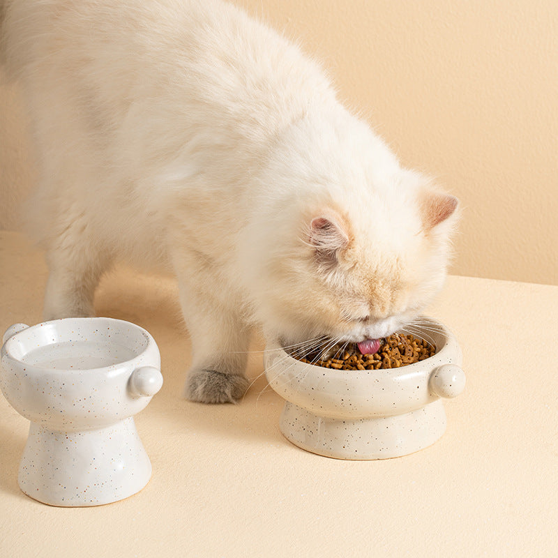 KFX-0404157 Ceramic Anti-Flip Cat Bowl - Flat Mouth Design in Multiple Heights and Colors