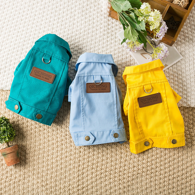 KFX-0408125 Pet Dog Denim Jacket in Green, Light Blue, and Yellow - Fashionable Minimalist Design