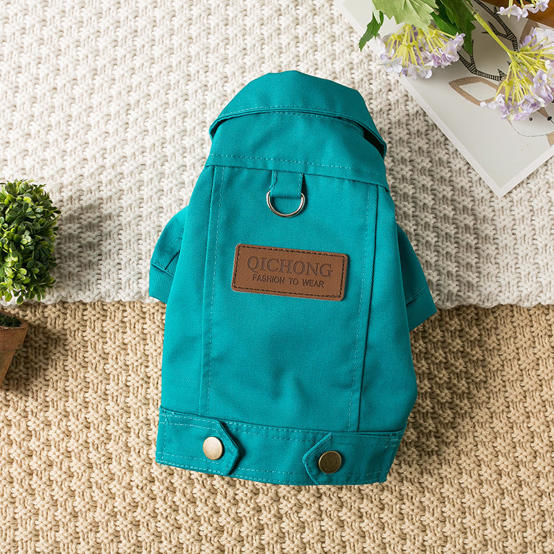 KFX-0408125 Pet Dog Denim Jacket in Green, Light Blue, and Yellow - Fashionable Minimalist Design