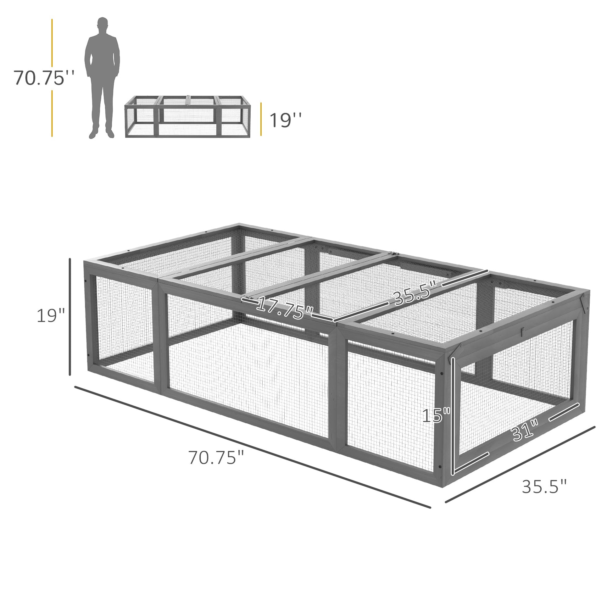KFX-0413373 Large Gray Wooden Rabbit Hutch with Outdoor Run and Lockable Access Doors for Small Animals