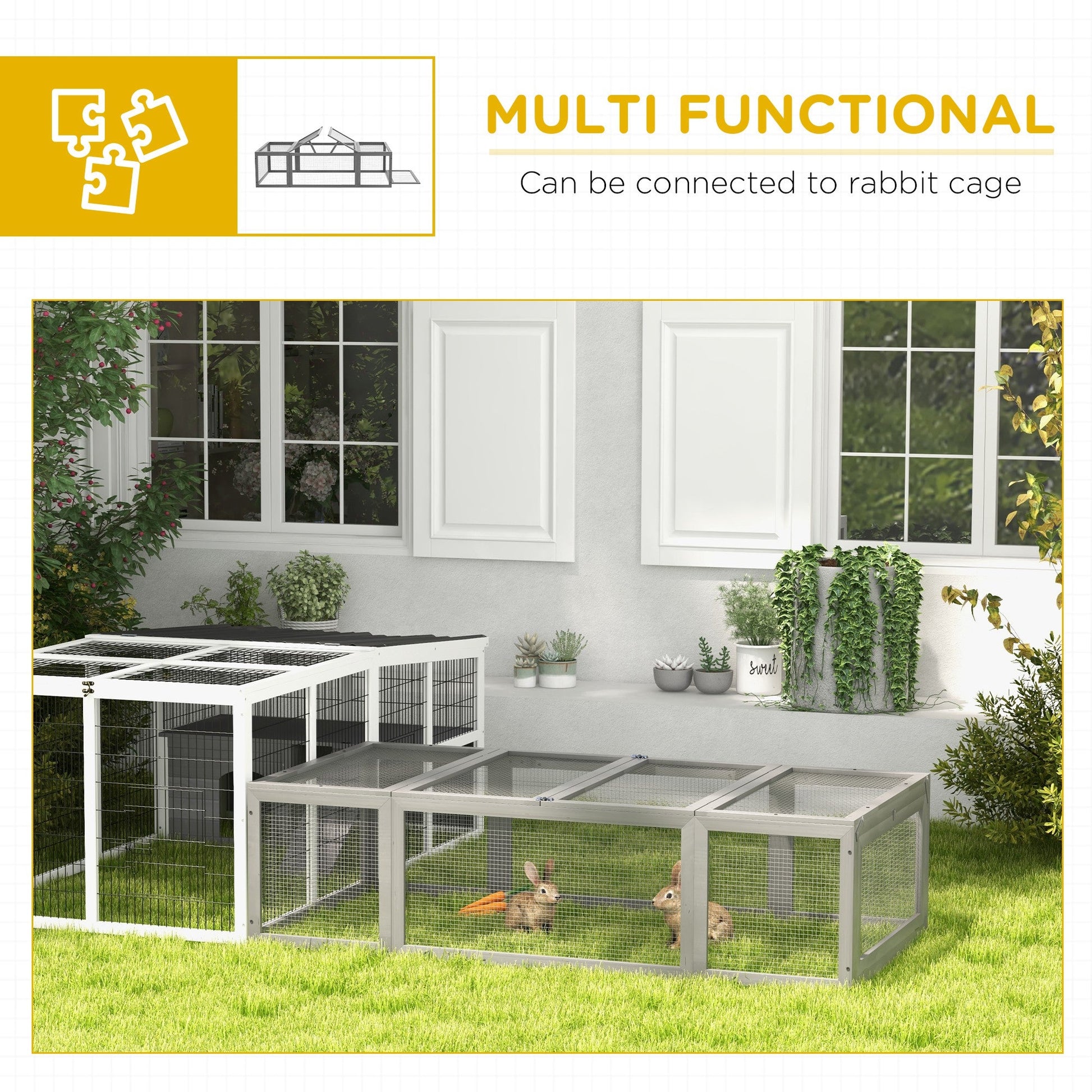 KFX-0413373 Large Gray Wooden Rabbit Hutch with Outdoor Run and Lockable Access Doors for Small Animals