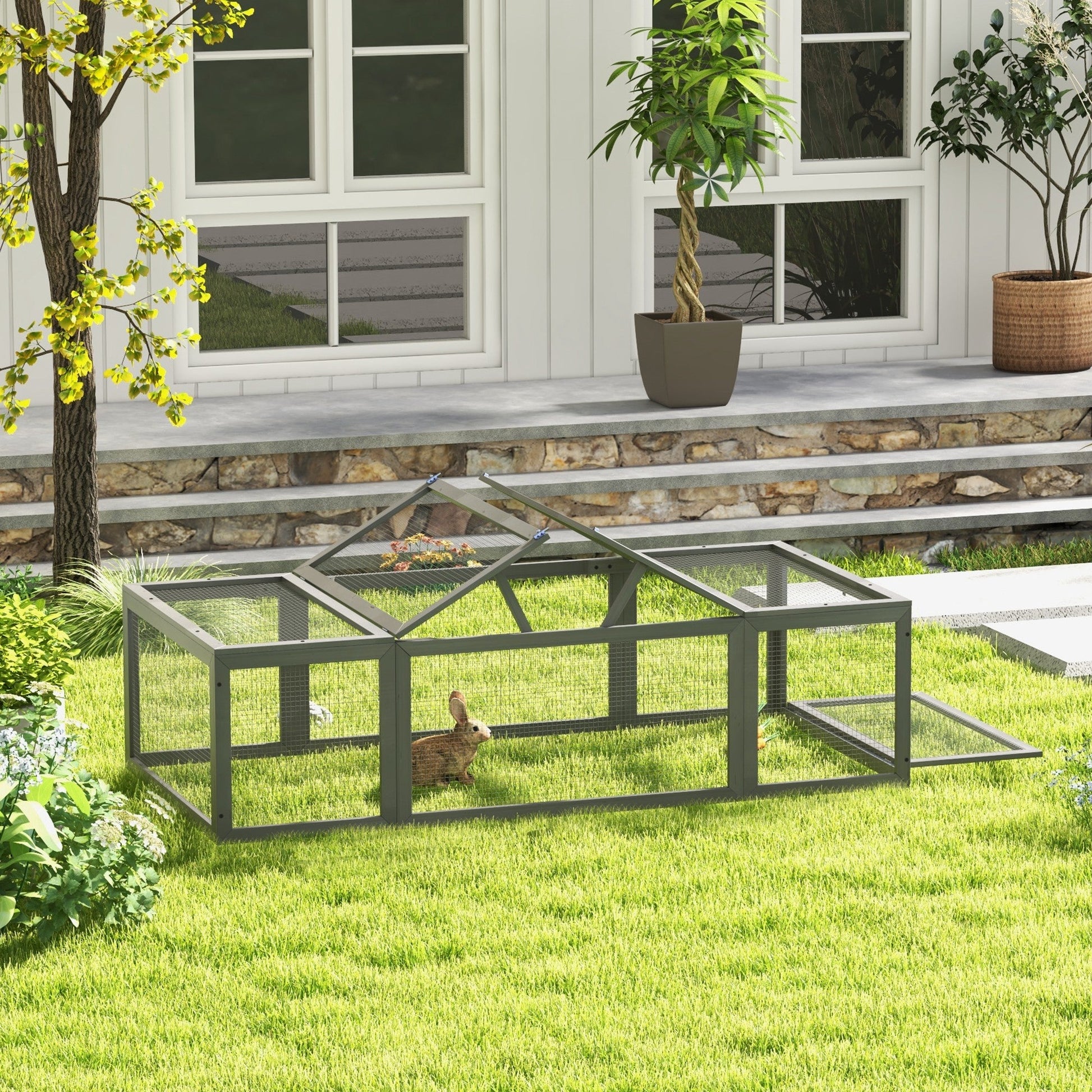 KFX-0413373 Large Gray Wooden Rabbit Hutch with Outdoor Run and Lockable Access Doors for Small Animals