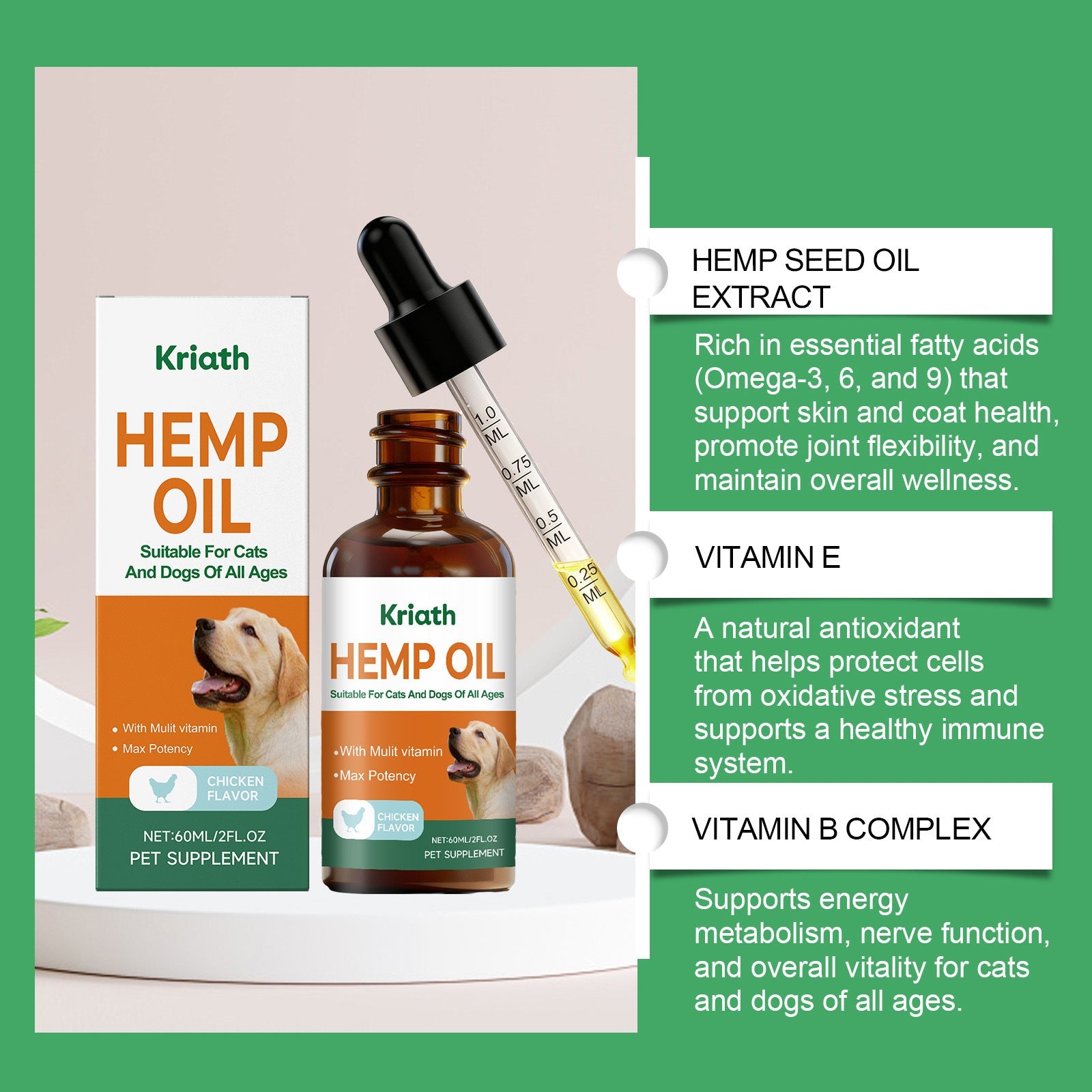 KFX-0421309 Hemp Seed Oil Vitality Drops for Cats and Dogs - 60ml with Omega Fatty Acids and Vitamins