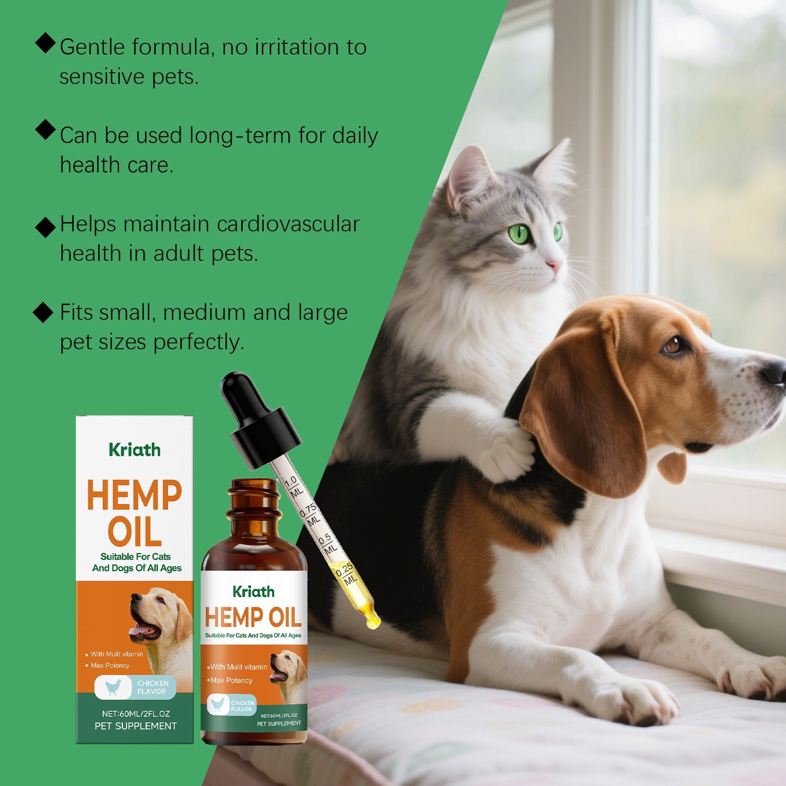 KFX-0421309 Hemp Seed Oil Vitality Drops for Cats and Dogs - 60ml with Omega Fatty Acids and Vitamins