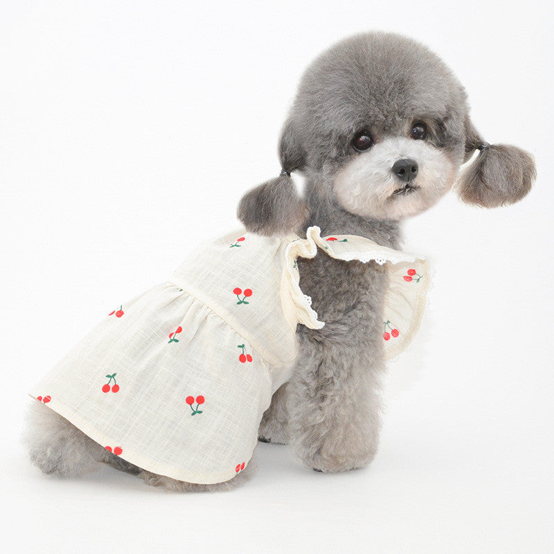 KFX-0429373 Cherry Flying Sleeve Skirt for Dogs and Cats - Stylish Pet Attire in Red and Yellow