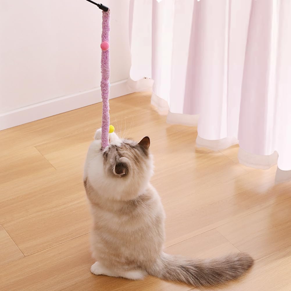KFX-0434237 Interactive Plush Cat Wand with Colorful Teaser Strip and Bells for Engaging Playtime