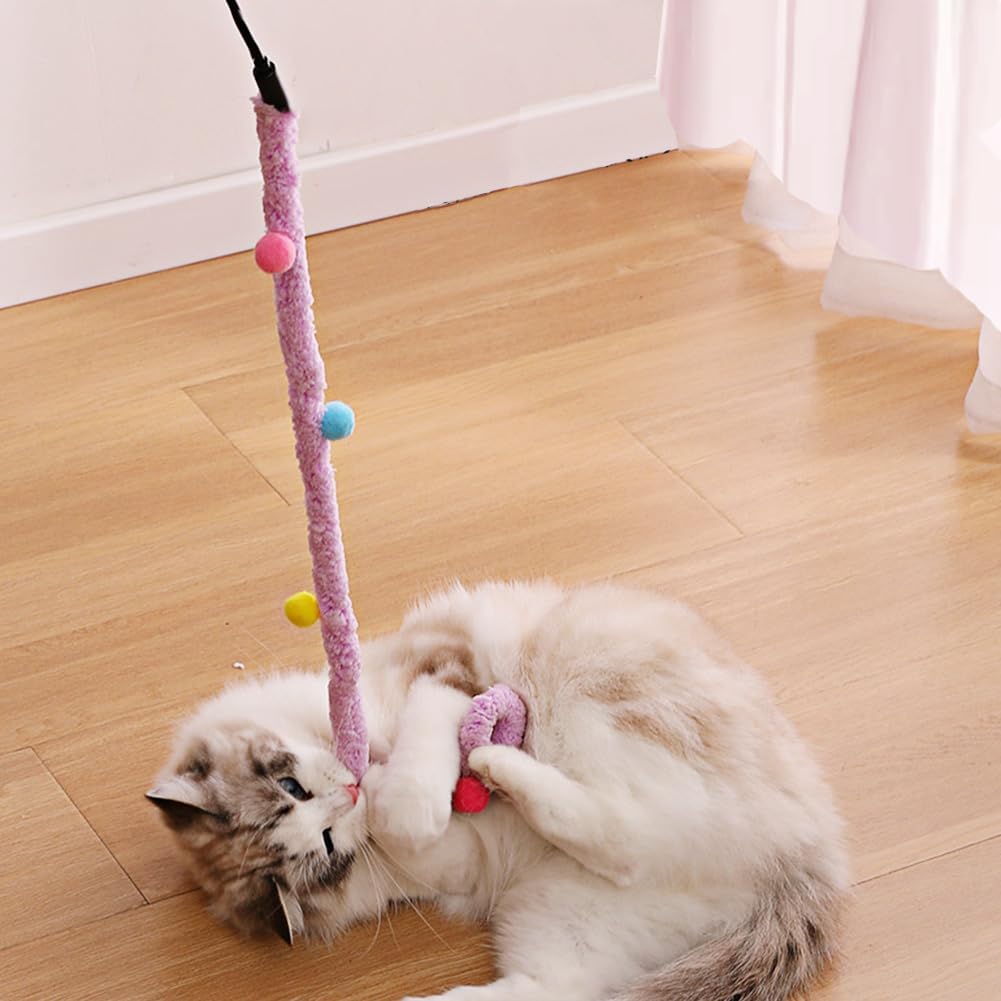 KFX-0434237 Interactive Plush Cat Wand with Colorful Teaser Strip and Bells for Engaging Playtime
