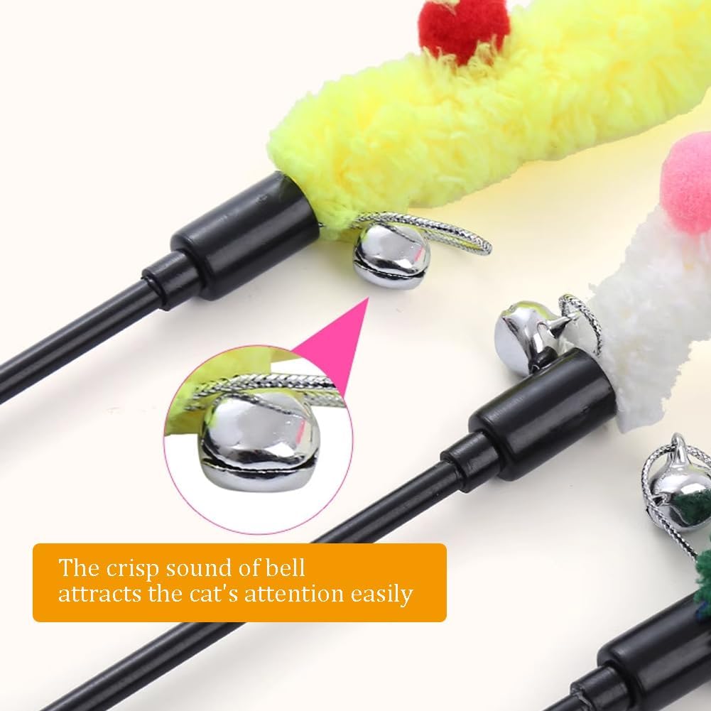KFX-0434237 Interactive Plush Cat Wand with Colorful Teaser Strip and Bells for Engaging Playtime