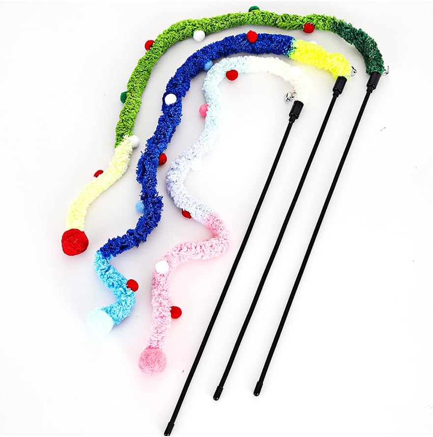 KFX-0434237 Interactive Plush Cat Wand with Colorful Teaser Strip and Bells for Engaging Playtime