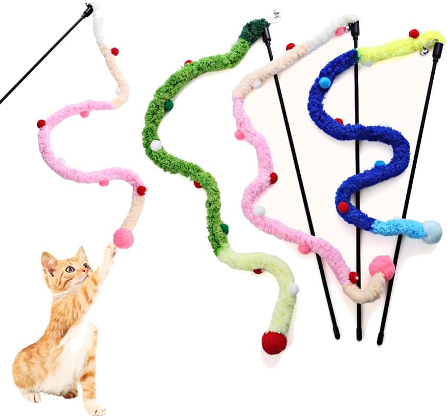KFX-0434237 Interactive Plush Cat Wand with Colorful Teaser Strip and Bells for Engaging Playtime