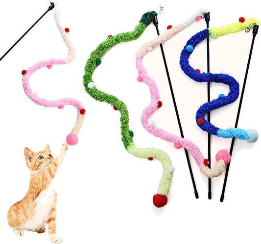 KFX-0434237 Interactive Plush Cat Wand with Colorful Teaser Strip and Bells for Engaging Playtime