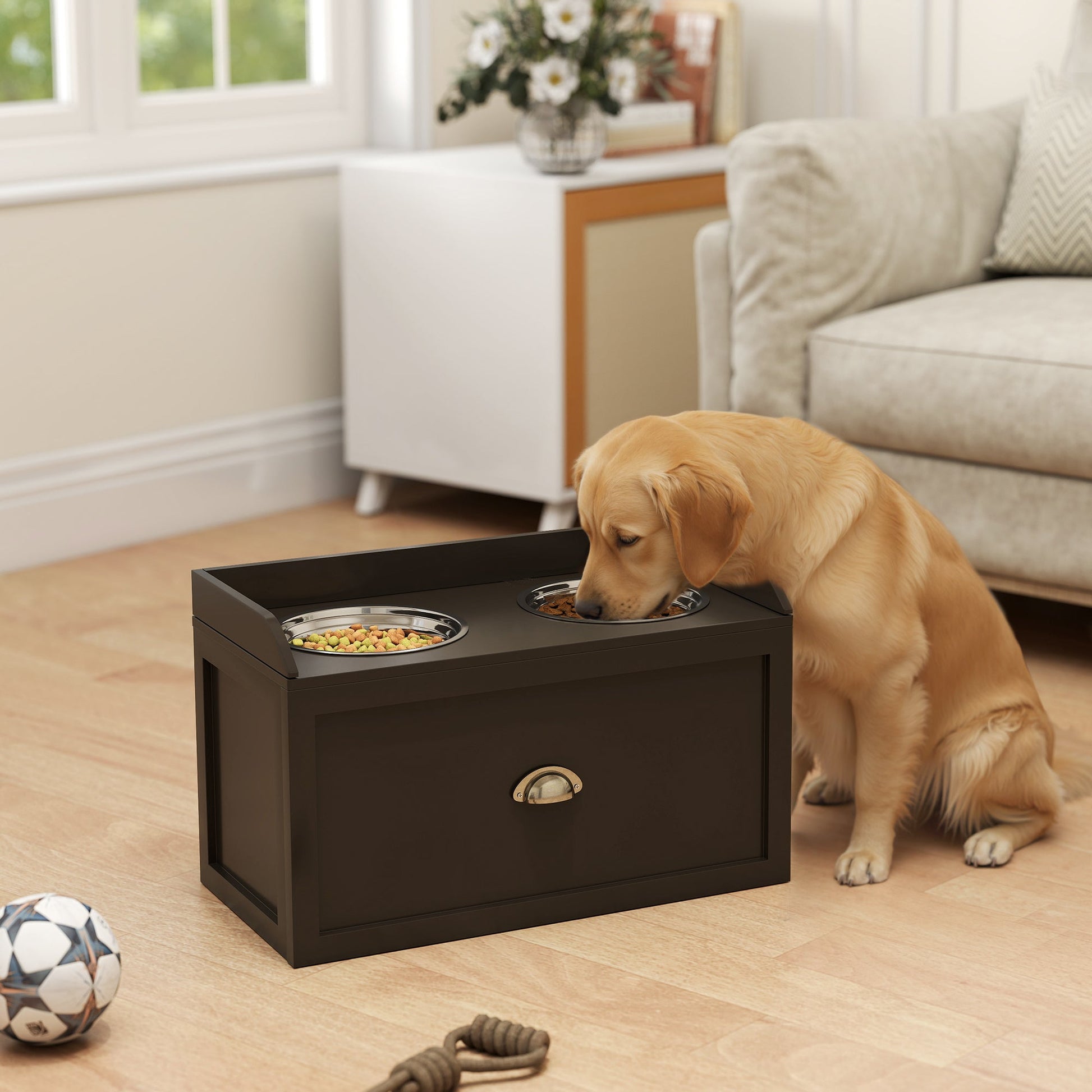 KFX-0442685 Elevated Dog Feeding Station with Storage & Stainless Steel Bowls for Large Dogs - Coffee Finish