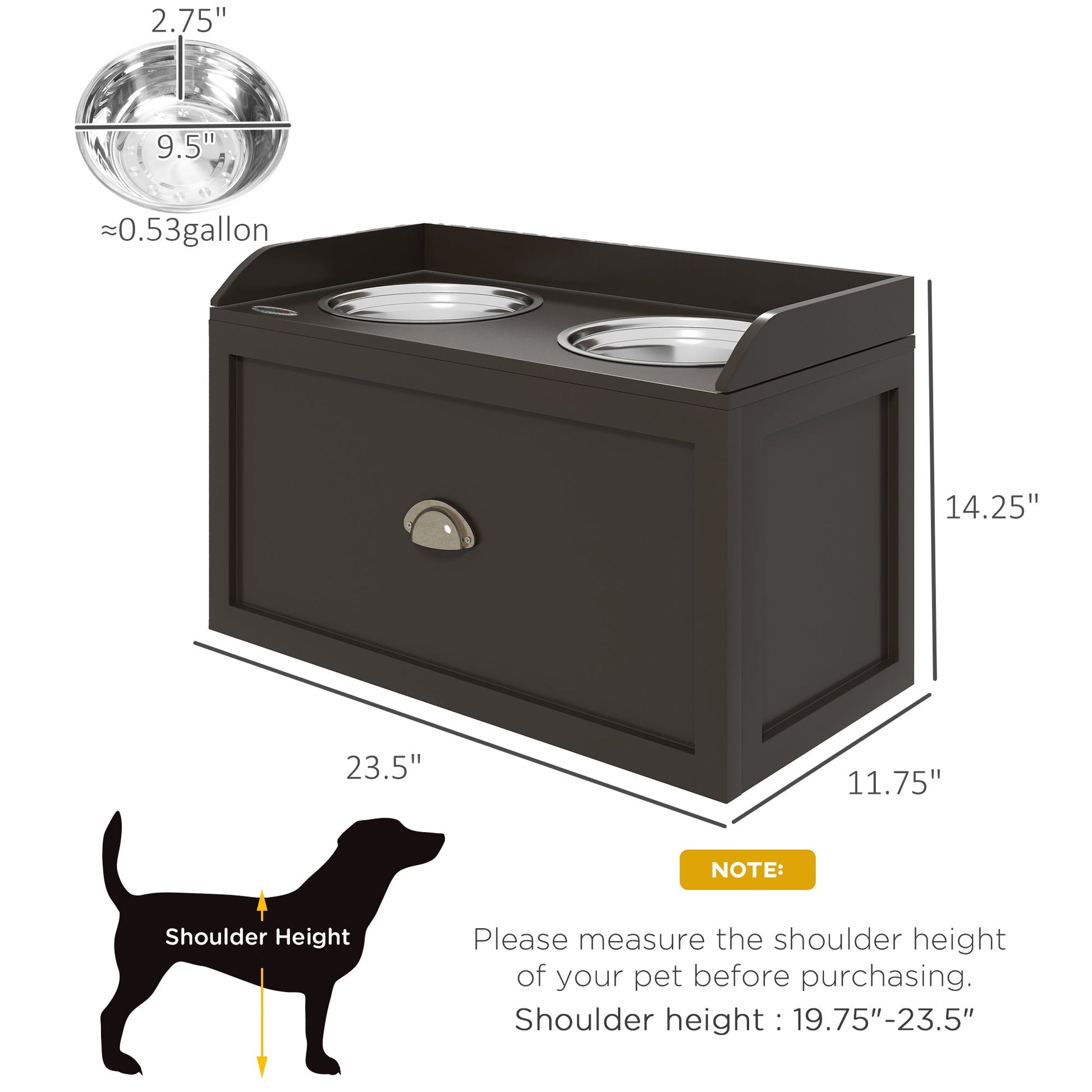 KFX-0442685 Elevated Dog Feeding Station with Storage & Stainless Steel Bowls for Large Dogs - Coffee Finish