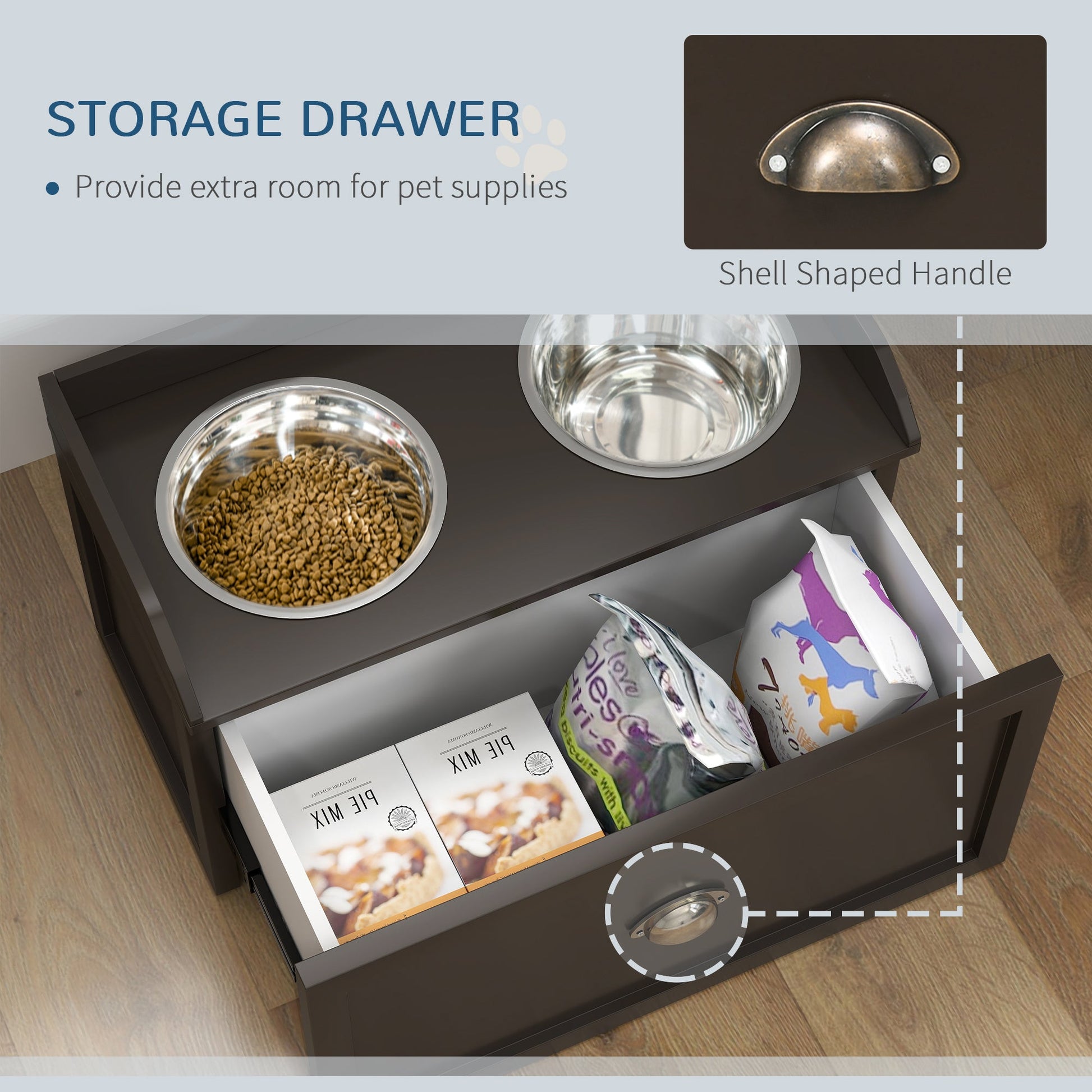 KFX-0442685 Elevated Dog Feeding Station with Storage & Stainless Steel Bowls for Large Dogs - Coffee Finish