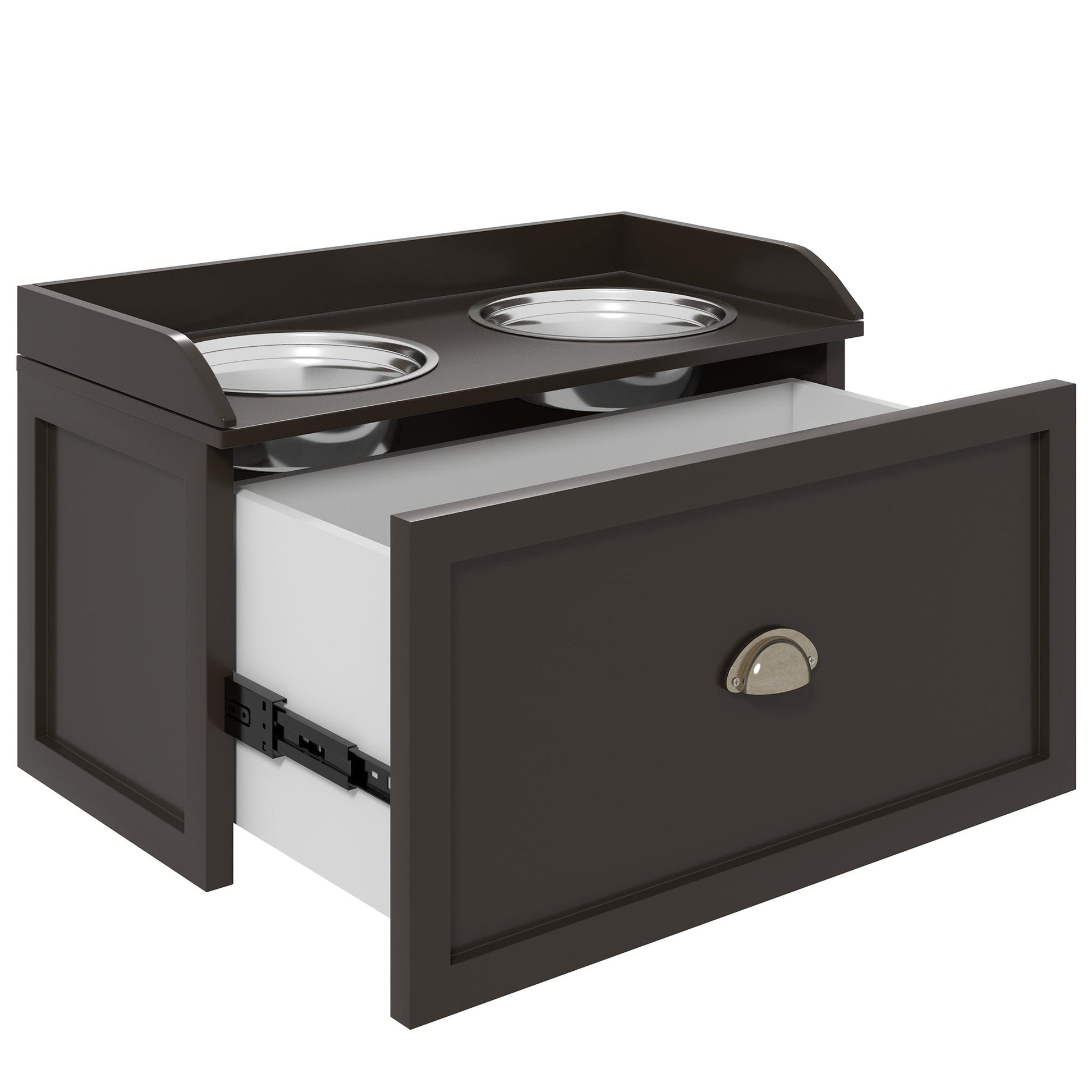 KFX-0442685 Elevated Dog Feeding Station with Storage & Stainless Steel Bowls for Large Dogs - Coffee Finish
