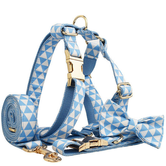 KFX-0443965 Blue Triangular Bow Vest and Leash Set for Dogs - Four-Piece Clothing Ensemble