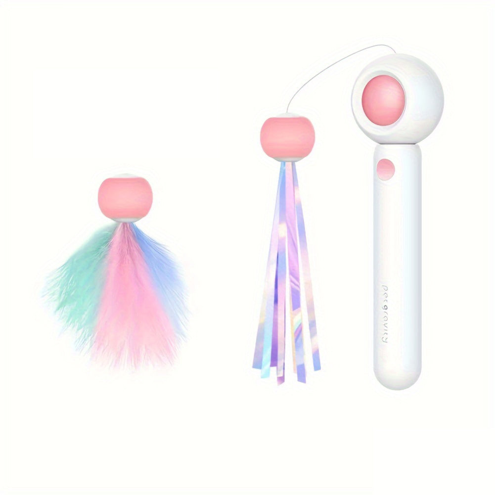 KFX-0445757 Retractable Cat Teaser Wand with Replaceable Feather and Tassel Heads for Indoor Play