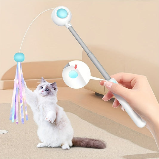KFX-0445757 Retractable Cat Teaser Wand with Replaceable Feather and Tassel Heads for Indoor Play
