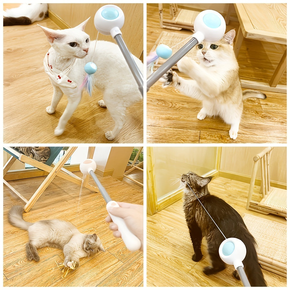 KFX-0445757 Retractable Cat Teaser Wand with Replaceable Feather and Tassel Heads for Indoor Play
