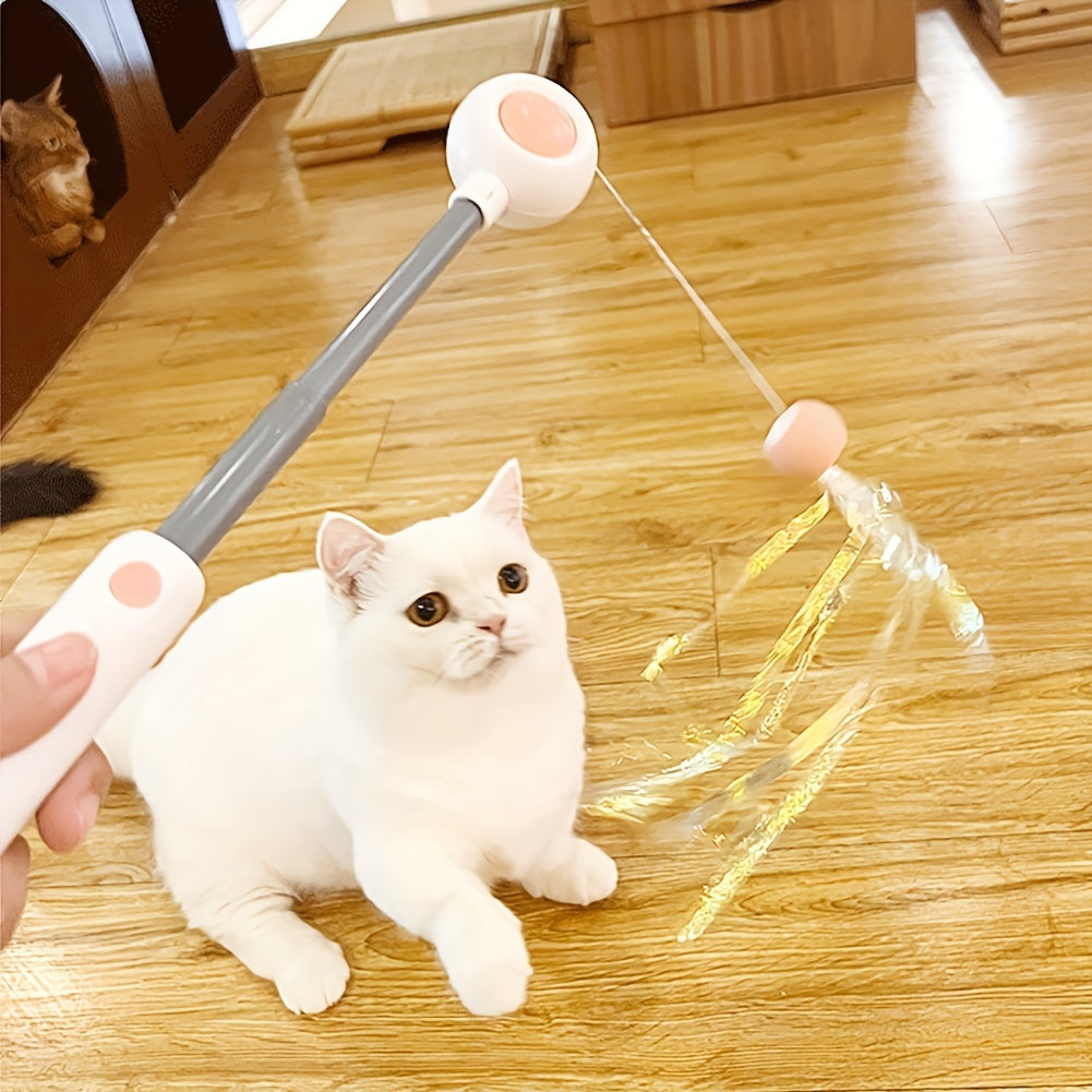 KFX-0445757 Retractable Cat Teaser Wand with Replaceable Feather and Tassel Heads for Indoor Play
