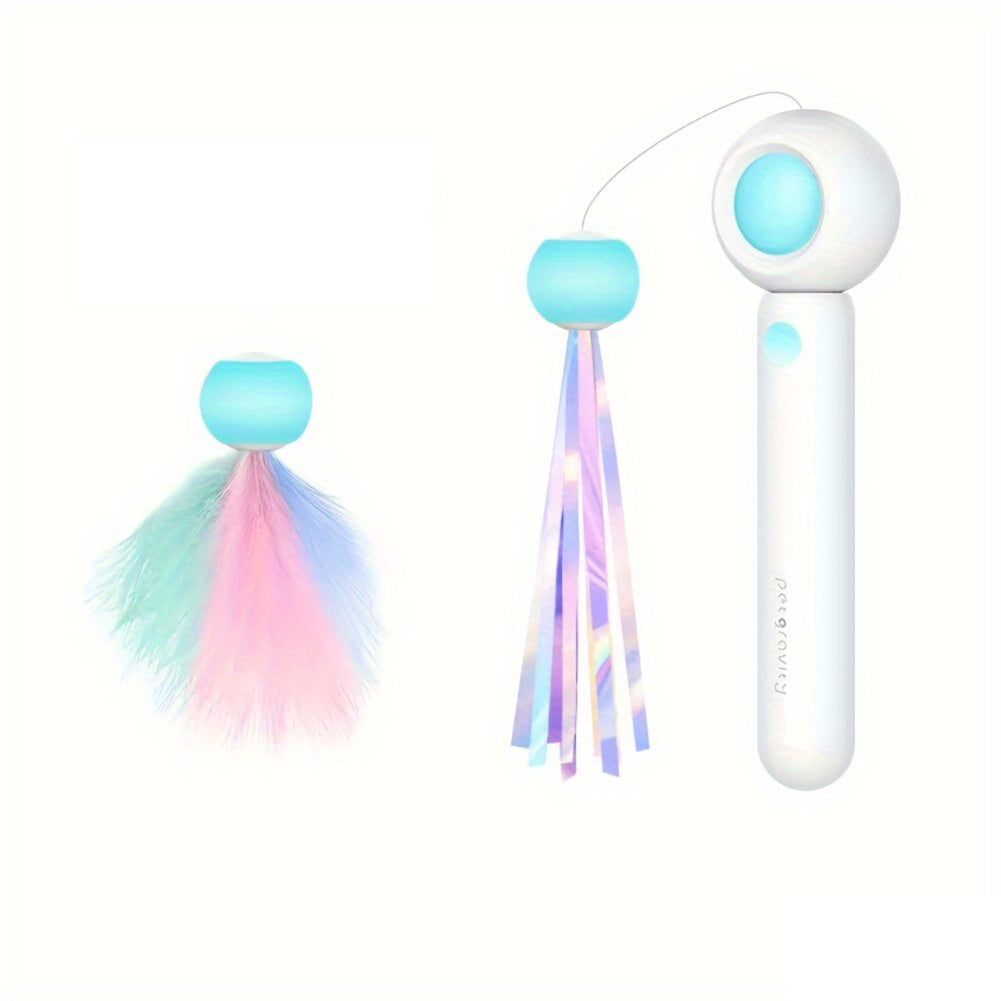KFX-0445757 Retractable Cat Teaser Wand with Replaceable Feather and Tassel Heads for Indoor Play