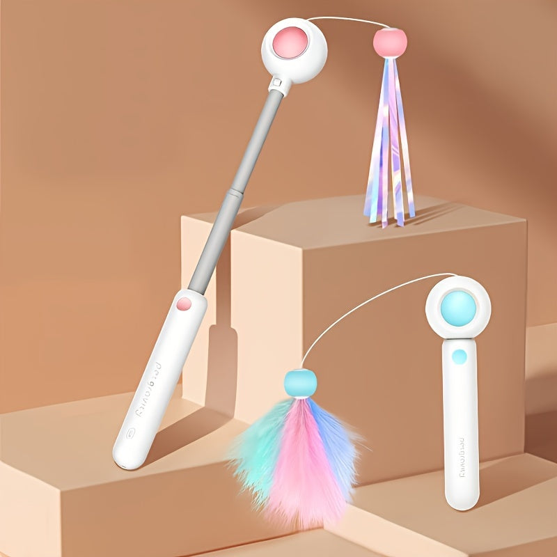 KFX-0445757 Retractable Cat Teaser Wand with Replaceable Feather and Tassel Heads for Indoor Play