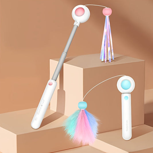 KFX-0445757 Retractable Cat Teaser Wand with Replaceable Feather and Tassel Heads for Indoor Play