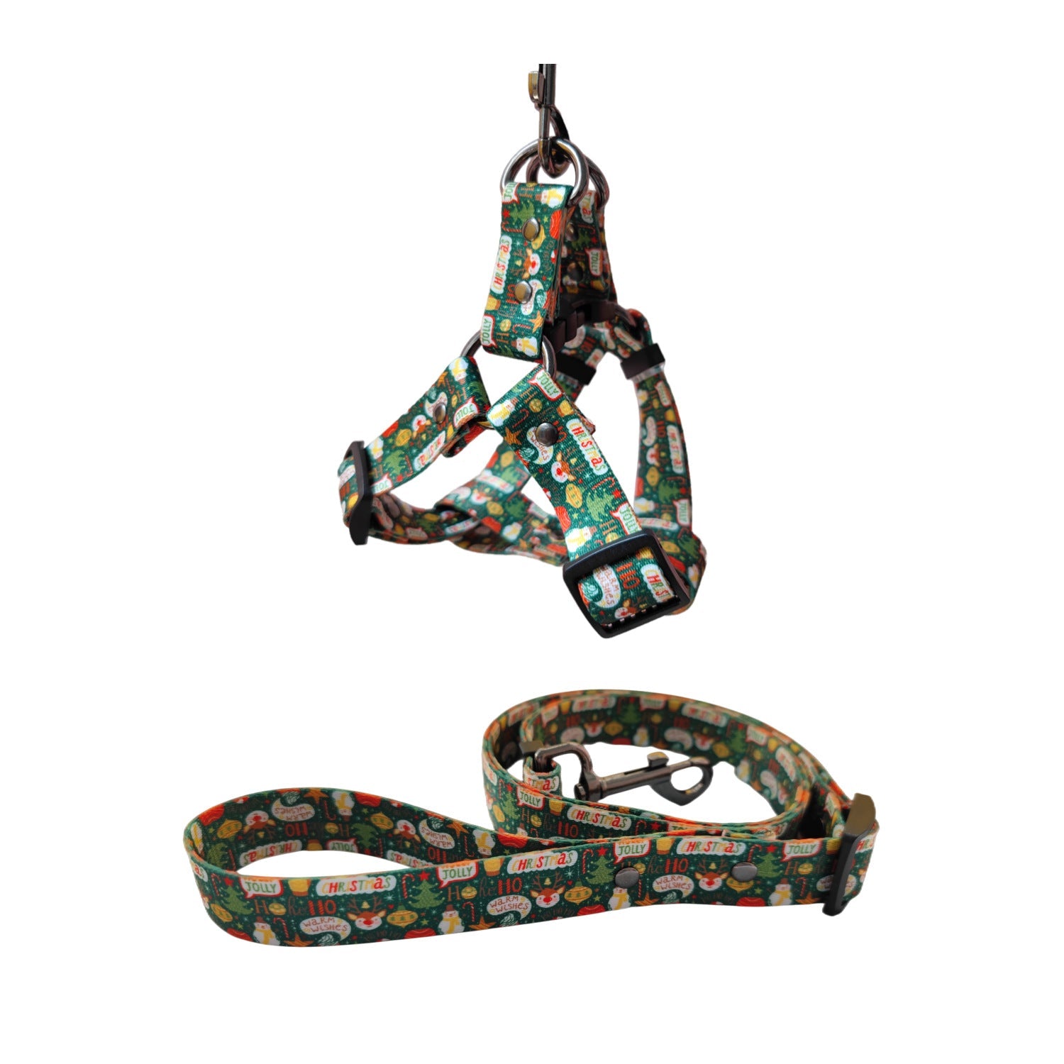 KFX-0447549 Christmas Themed Dog Leash and Harness Set in Red and Green