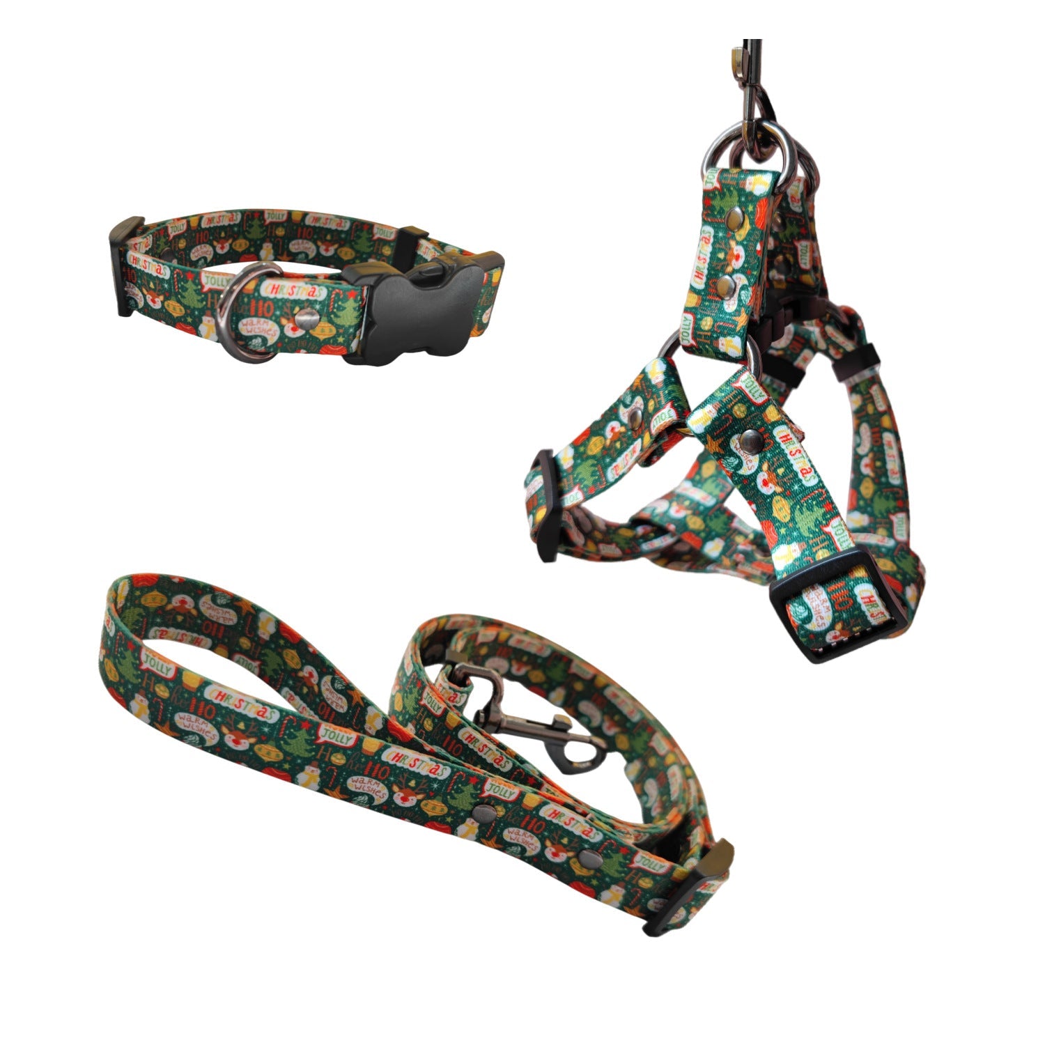 KFX-0447549 Christmas Themed Dog Leash and Harness Set in Red and Green