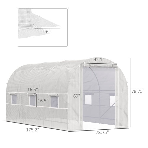 KFX-0451901 Large Walk-In Tunnel Greenhouse with 6 Roll-Up Windows and Door, Steel Frame, White, 15' x 7' x 7'