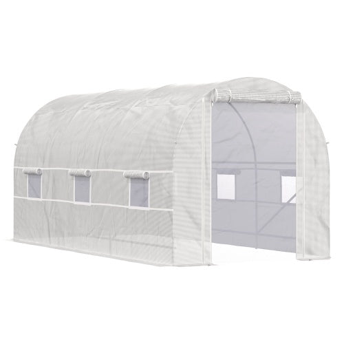 KFX-0451901 Large Walk-In Tunnel Greenhouse with 6 Roll-Up Windows and Door, Steel Frame, White, 15' x 7' x 7'