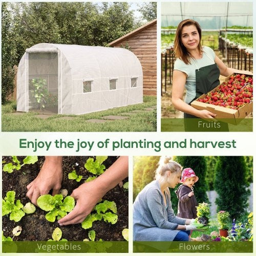 KFX-0451901 Large Walk-In Tunnel Greenhouse with 6 Roll-Up Windows and Door, Steel Frame, White, 15' x 7' x 7'