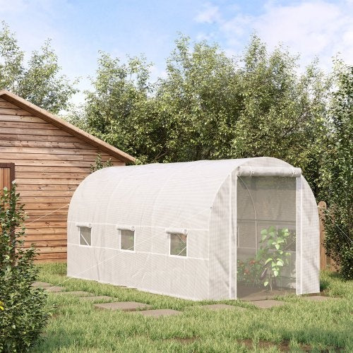 KFX-0451901 Large Walk-In Tunnel Greenhouse with 6 Roll-Up Windows and Door, Steel Frame, White, 15' x 7' x 7'