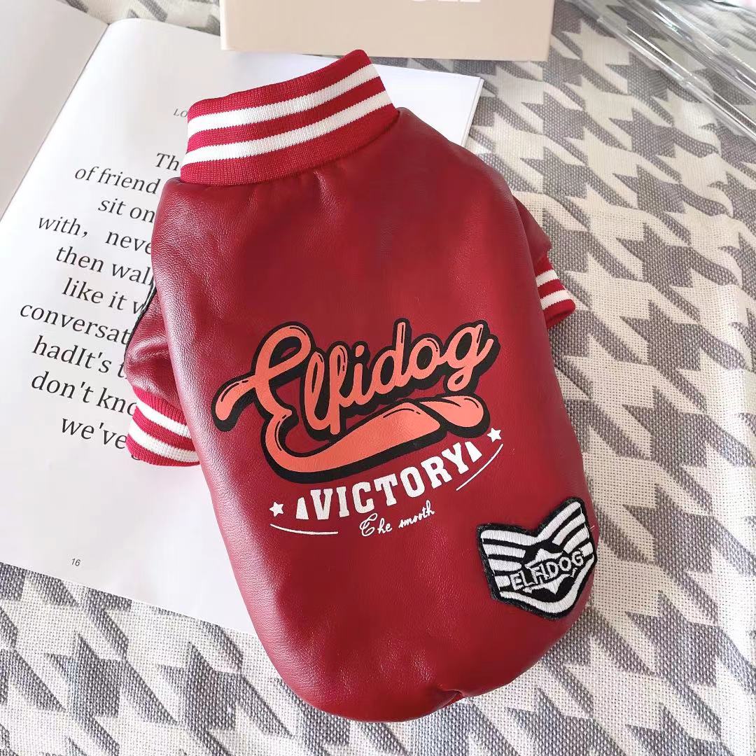 KFX-0452669 Cozy Red and Black Cotton-Padded PU Leather Jacket for Small Dogs