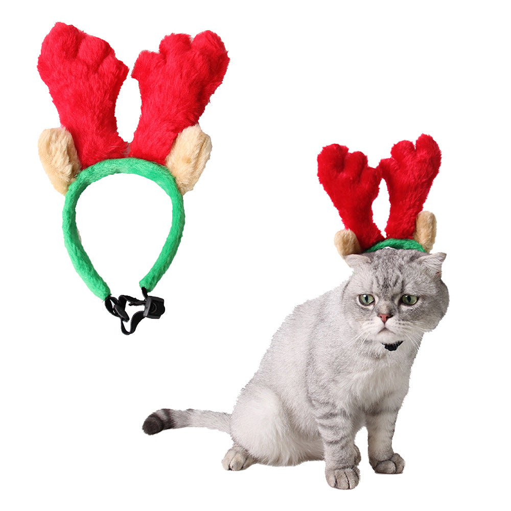 KFX-0456381 Christmas Velvet Headgear and Scarf Set for Pets – Adjustable Size for Dogs and Cats in Red and Green