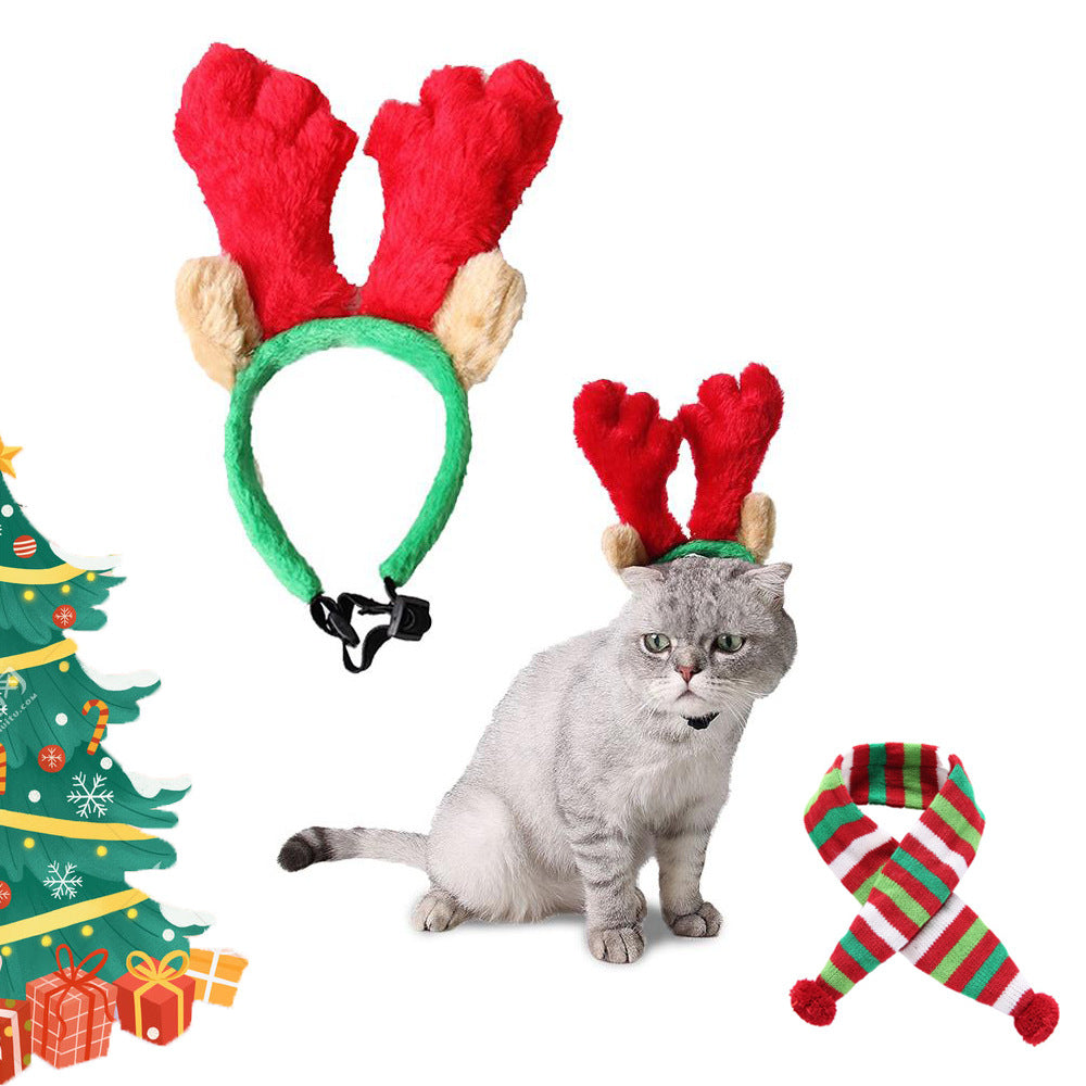 KFX-0456381 Christmas Velvet Headgear and Scarf Set for Pets – Adjustable Size for Dogs and Cats in Red and Green