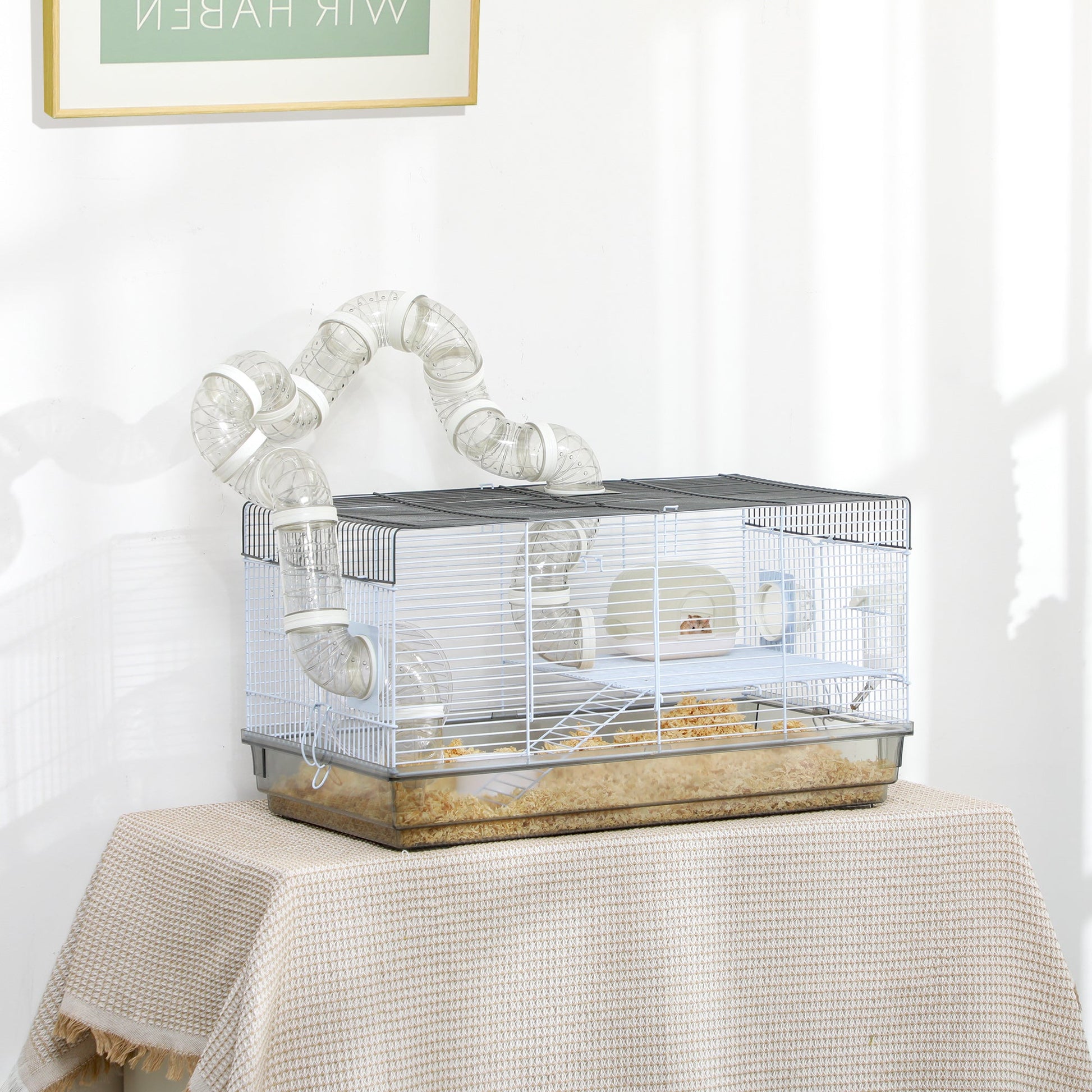 KFX-0457661 Small Animal Cage for Gerbil or Dwarf Hamster with Tubes, Wheel, Dish, and Water Bottle - 23" x 13" x 12" - Gray