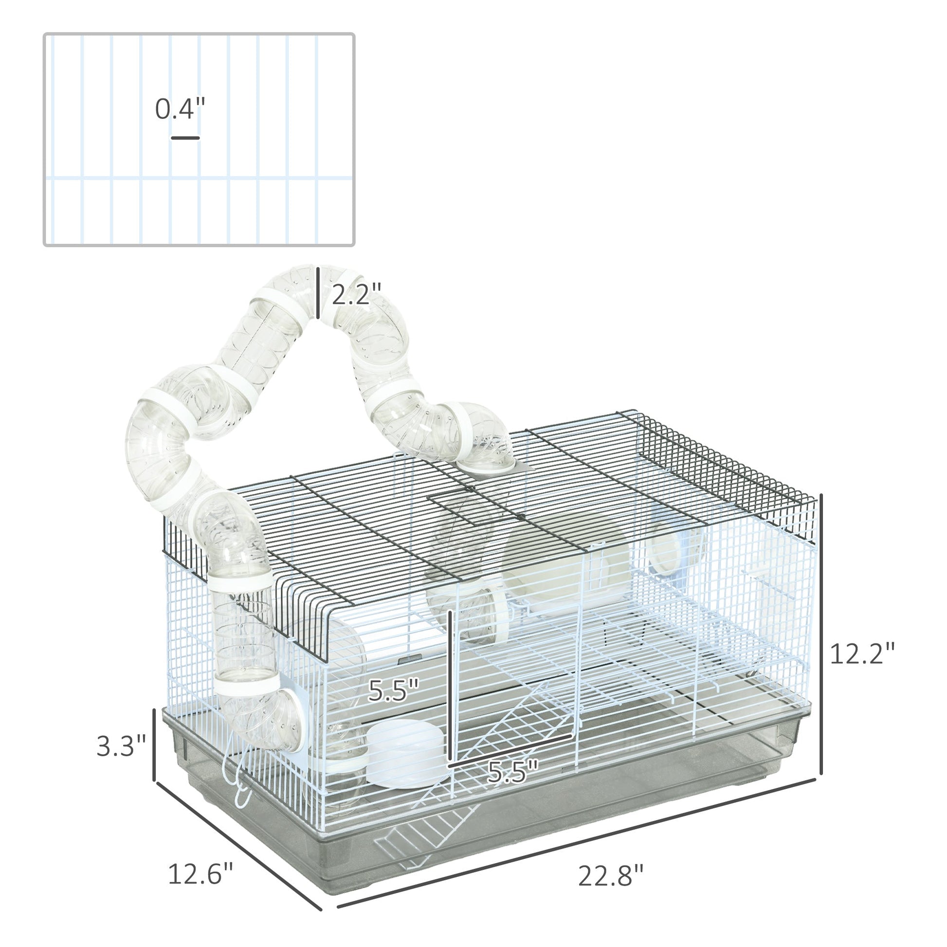 KFX-0457661 Small Animal Cage for Gerbil or Dwarf Hamster with Tubes, Wheel, Dish, and Water Bottle - 23" x 13" x 12" - Gray