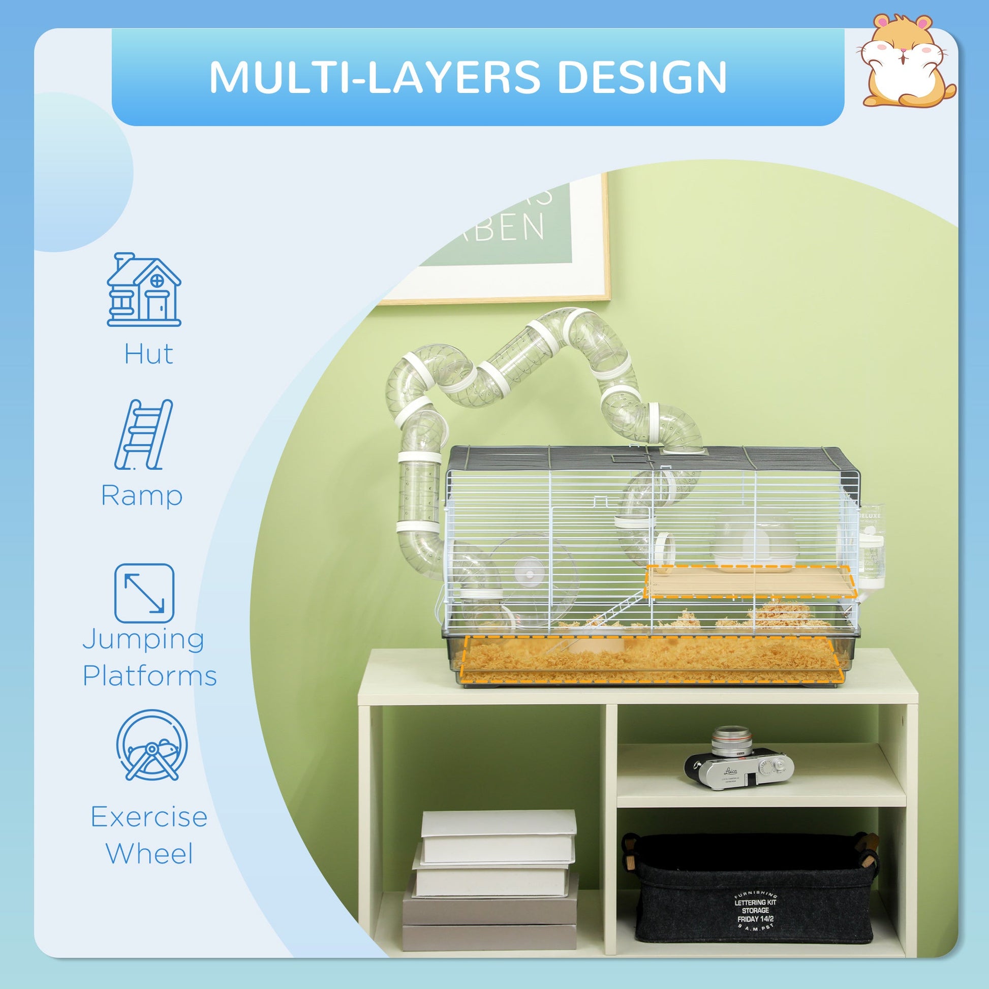 KFX-0457661 Small Animal Cage for Gerbil or Dwarf Hamster with Tubes, Wheel, Dish, and Water Bottle - 23" x 13" x 12" - Gray