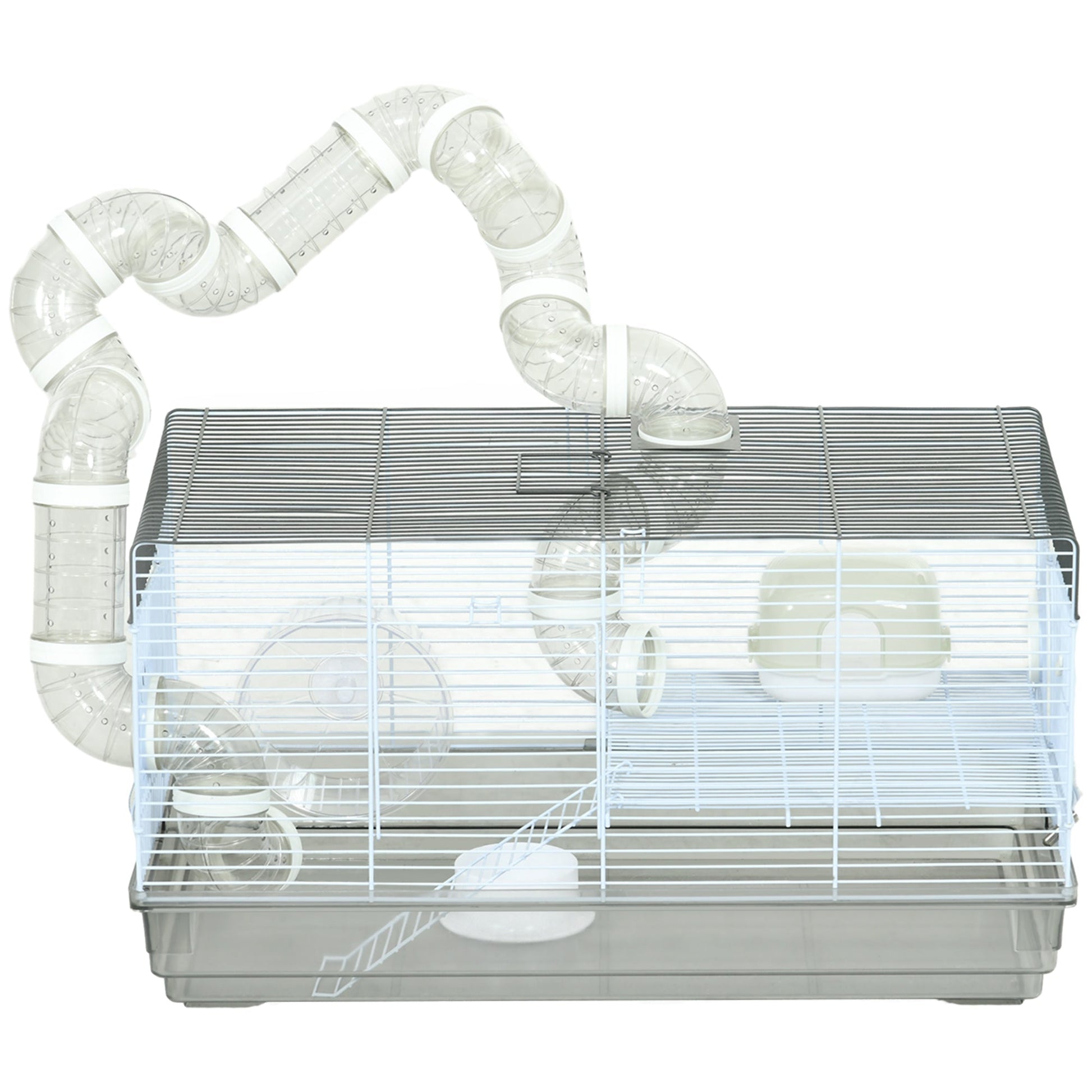 KFX-0457661 Small Animal Cage for Gerbil or Dwarf Hamster with Tubes, Wheel, Dish, and Water Bottle - 23" x 13" x 12" - Gray
