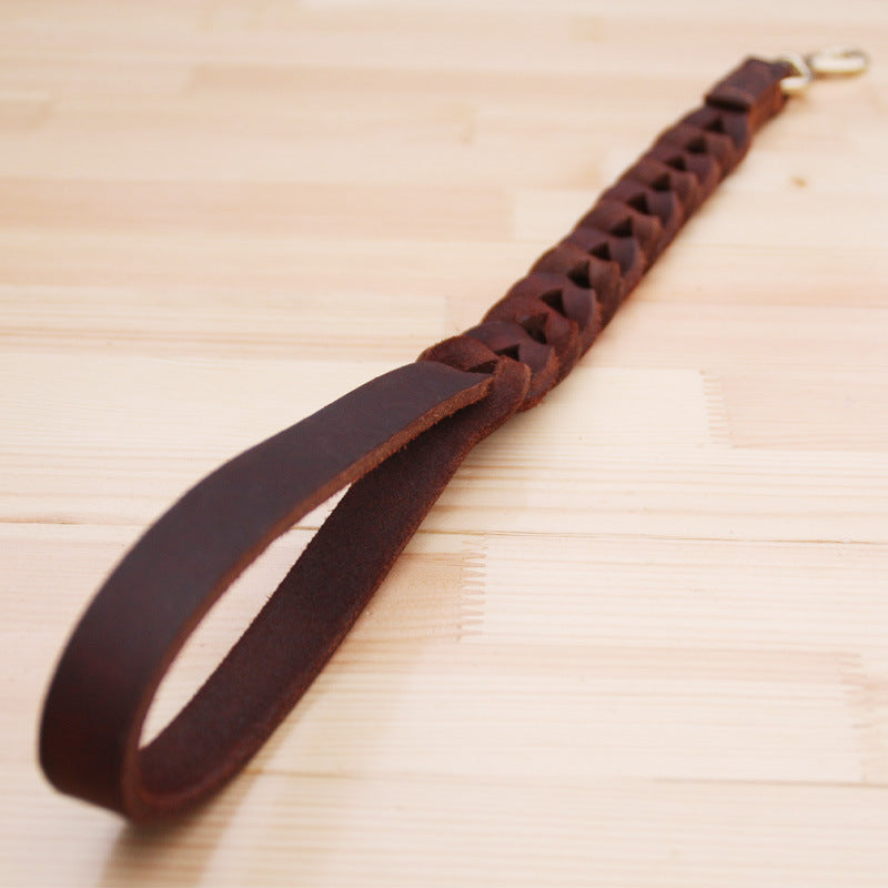 KFX-0457789 Braided Real Leather Short Dog Leash for Medium to Large Dogs - 50CM Traction Belt